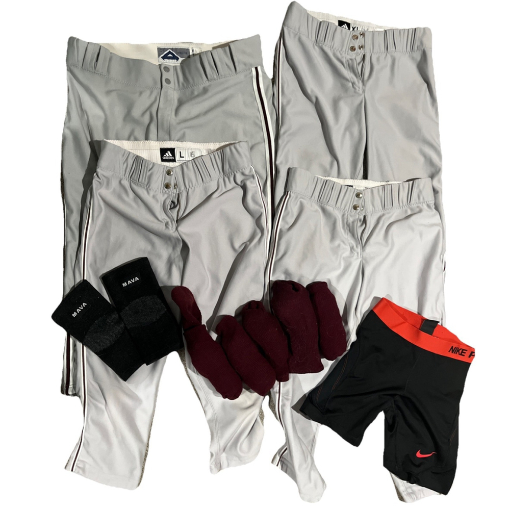 Adidas Softball Pants Grey/Maroon Stripe L, XL, 2XL + Accessories LOT EUC